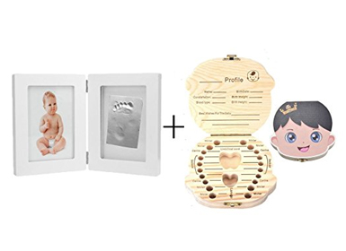  Baby souvenir bundle,Mogoko Baby Handprint or Footprint Picture Frame Kit + Baby Tooth Box Wooden Baby Save Milk Teeth Lanugo Hair Wood Storage Box (8.2